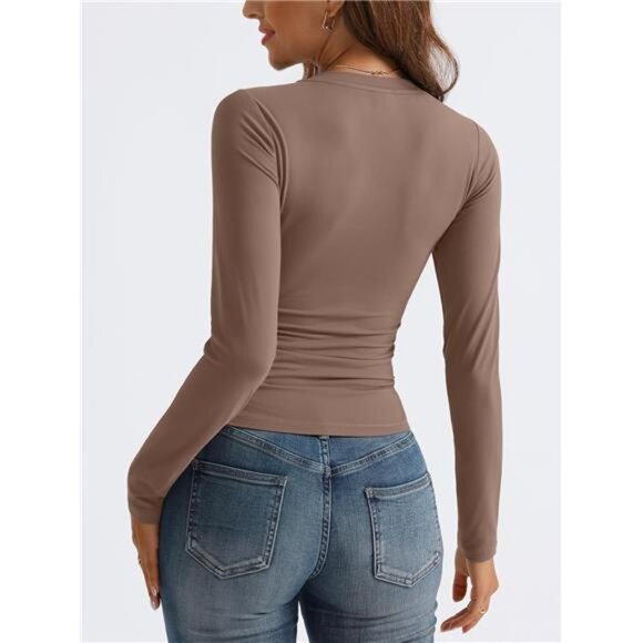 Sleeve Shirts for Women  Fall Fashion V Neck Basics Crop Tops Layering Slim - Picture 5 of 7